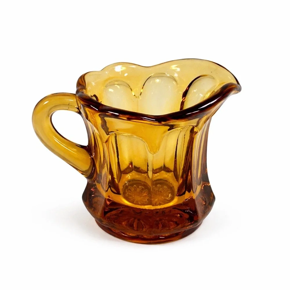 Vintage Amber Glass Creamer Paneled Scalloped Rim Small Pitcher Honey Gold‎